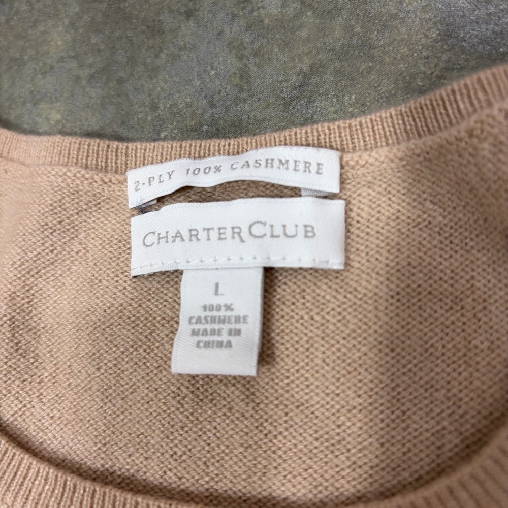 Charter Club 2-Ply Tan 100% Cashmere Sweater Pullover Womens Sz L Career Minimal - Picture 2 of 9